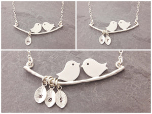 love birds necklace with personalized leaves 