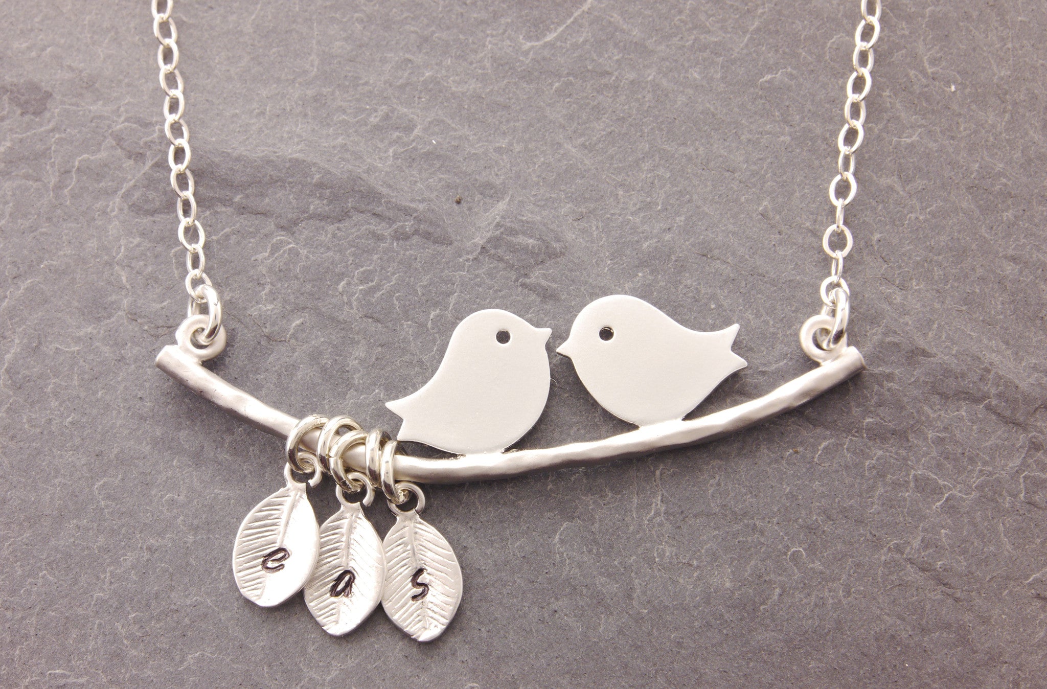 Birds on branch necklace with initialized leaves