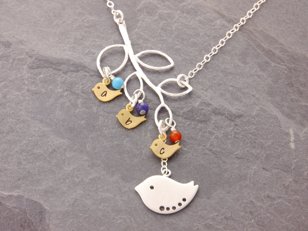 birds on branch necklace with birthstones